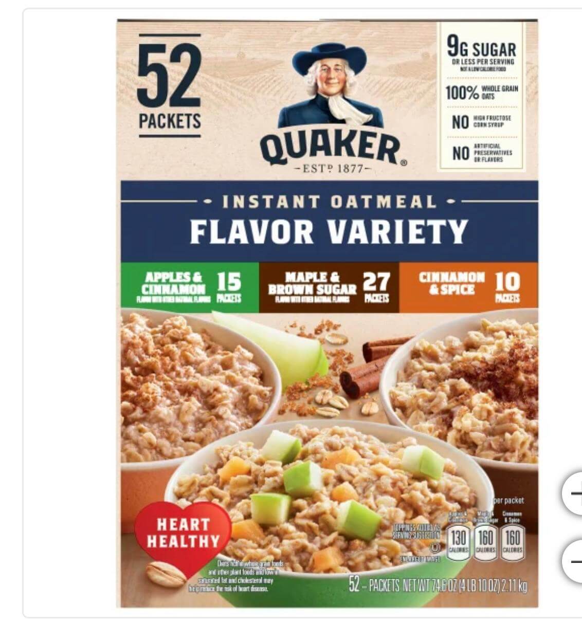 Quaker Whole Grain Instant Oatmeal, Variety Pack, 52-Count, 76.6 Oz